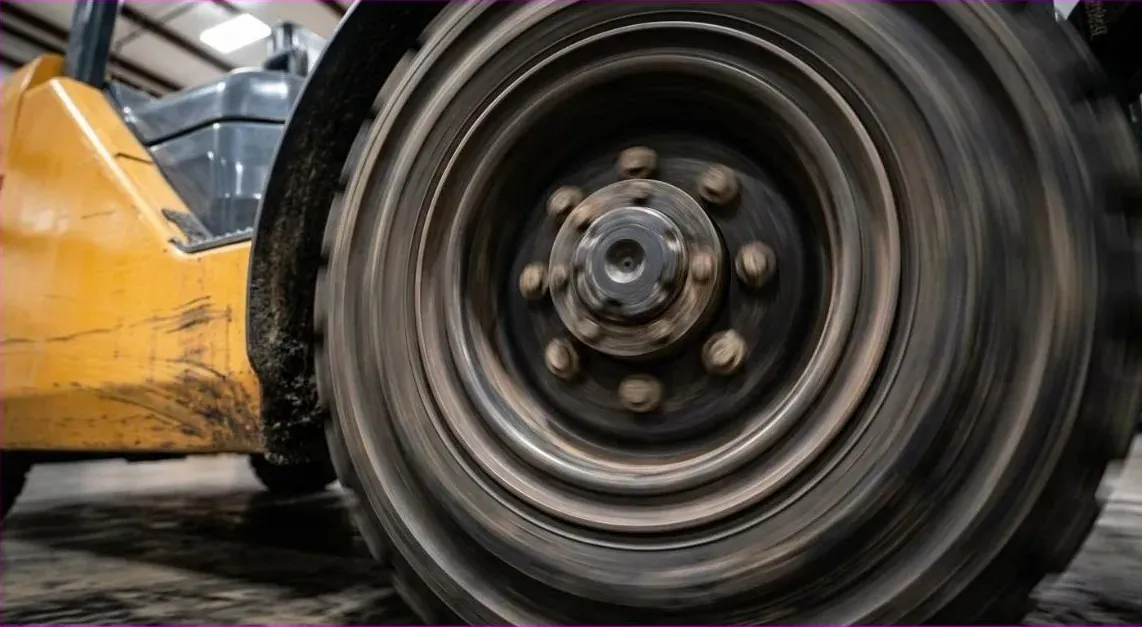 Roda de empilhadeira girando com pneu pneumático